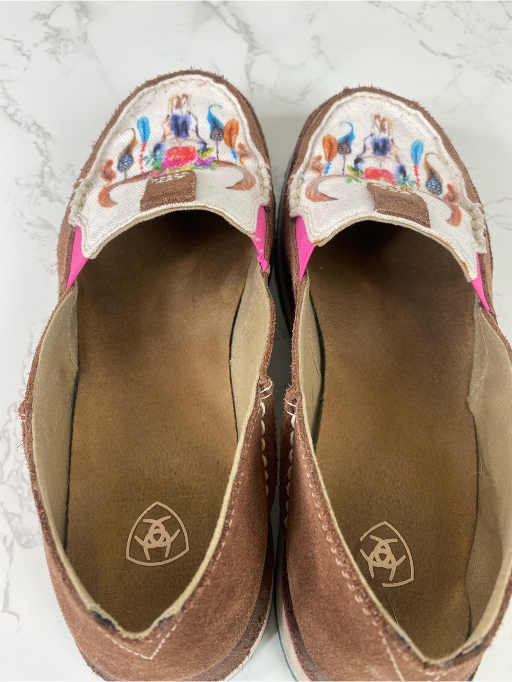 Ariat Brown, Pink & White Floral Bull Skull Slip-On Moccasins - Picture 5 of 8